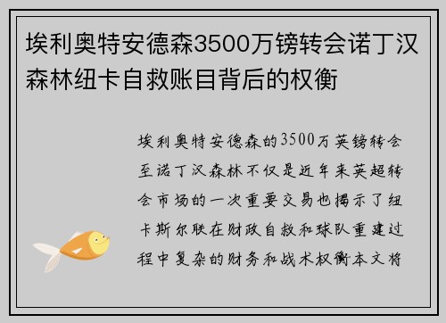 埃利奥特安德森3500万镑转会诺丁汉森林纽卡自救账目背后的权衡 埃利奥特安德森3500万镑转会诺丁汉森林纽卡自救账目背后的权衡