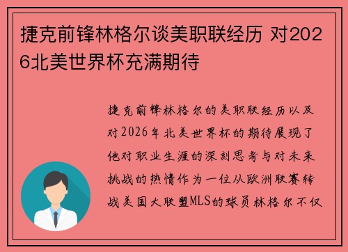 捷克前锋林格尔谈美职联经历 对2026北美世界杯充满期待